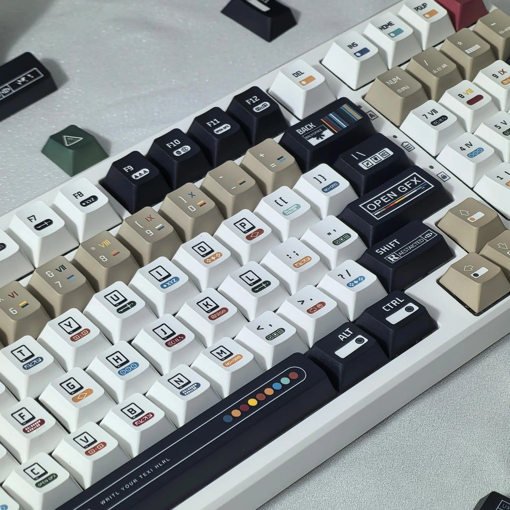 韓國鍵帽 極繁主義主題鍵帽 135 鍵櫻桃 Pbt 俄語英語復古鍵帽黑白設計“L”形輸入鍵