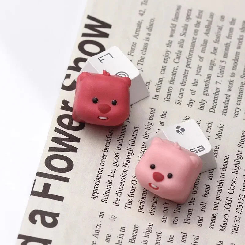 Teclas de castor 3D bonitas, accesorios de teclado mecánico de personajes de dibujos animados creativos de resina, teclas rosas de animales Kawaii para niñas