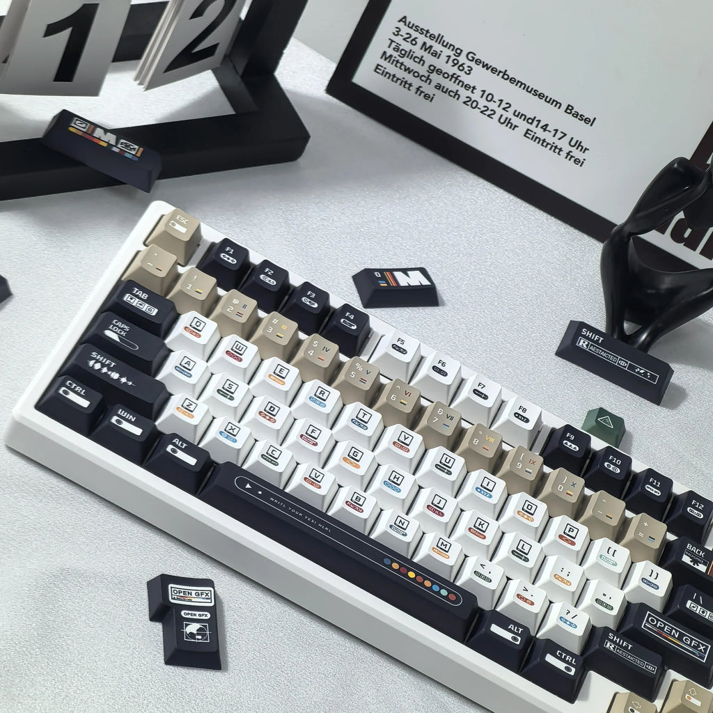 韓國鍵帽 極繁主義主題鍵帽 135 鍵櫻桃 Pbt 俄語英語復古鍵帽黑白設計“L”形輸入鍵