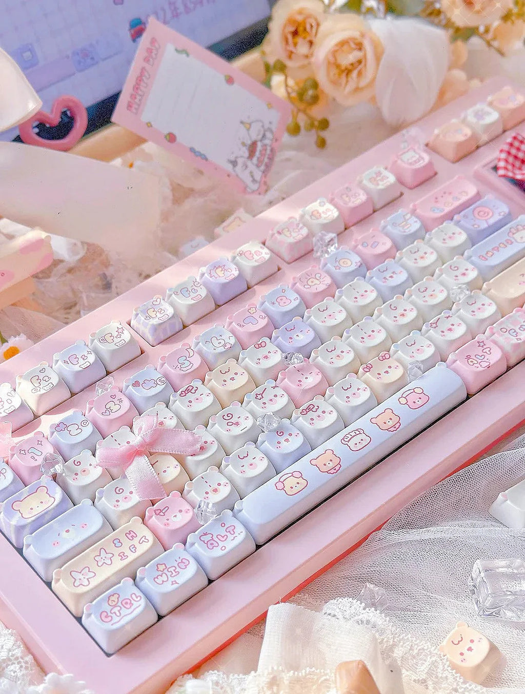 Lindo oso Kawaii Keycap EAO rosa púrpura expresión Pbt para teclado mecánico Diy grabado lateral Iso/Ansi diseño lindo gato Keycap