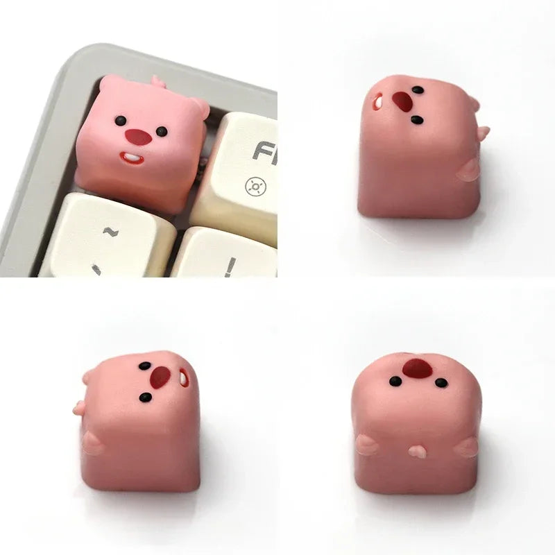 Teclas de castor 3D bonitas, accesorios de teclado mecánico de personajes de dibujos animados creativos de resina, teclas rosas de animales Kawaii para niñas