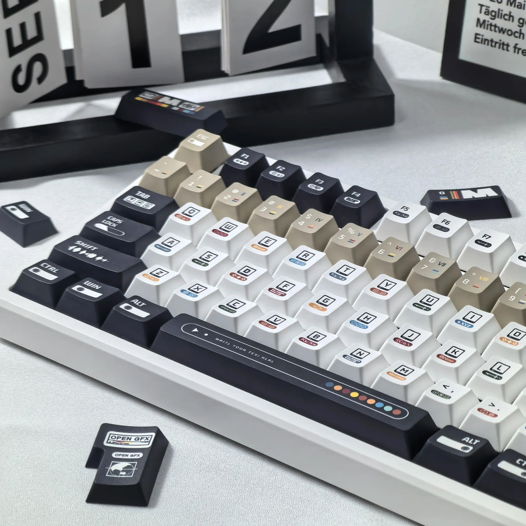 韓國鍵帽 極繁主義主題鍵帽 135 鍵櫻桃 Pbt 俄語英語復古鍵帽黑白設計“L”形輸入鍵