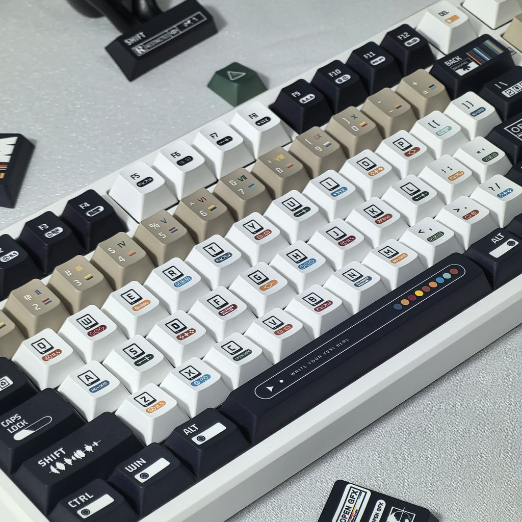 韓國鍵帽 極繁主義主題鍵帽 135 鍵櫻桃 Pbt 俄語英語復古鍵帽黑白設計“L”形輸入鍵