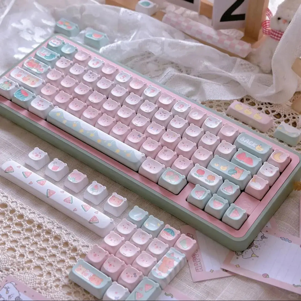Lindo oso Kawaii Keycap EAO rosa púrpura expresión Pbt para teclado mecánico Diy grabado lateral Iso/Ansi diseño lindo gato Keycap