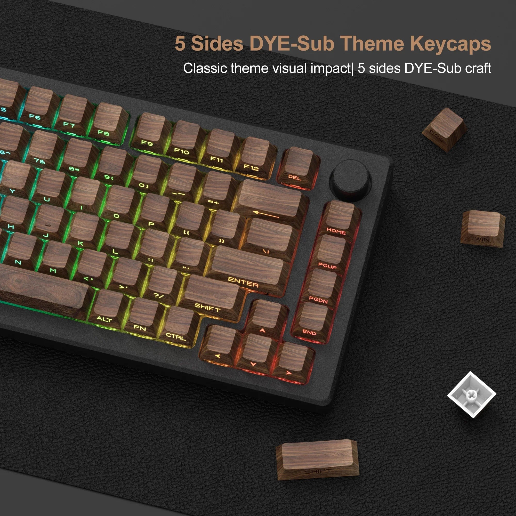 Patrón de madera de 136 teclas con dibujo lateral retroiluminado, 5 teclas subtinte laterales PBT, perfil de cereza RGB para teclado mecánico Cherry MX Gamer