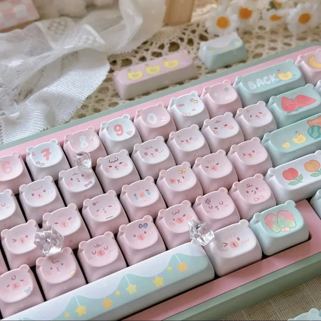 Lindo oso Kawaii Keycap EAO rosa púrpura expresión Pbt para teclado mecánico Diy grabado lateral Iso/Ansi diseño lindo gato Keycap