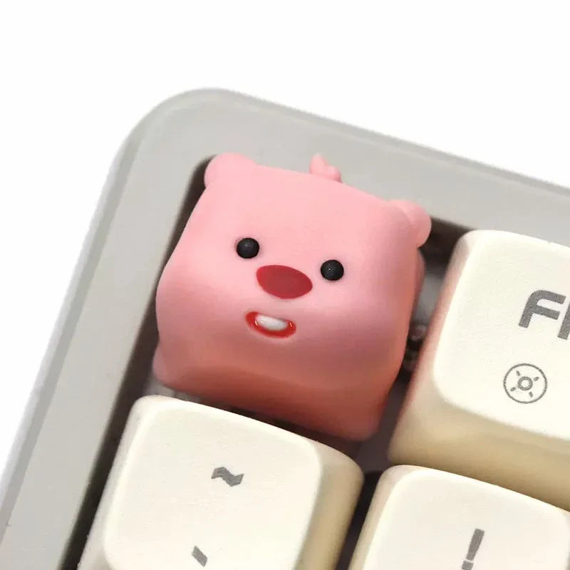 Teclas de castor 3D bonitas, accesorios de teclado mecánico de personajes de dibujos animados creativos de resina, teclas rosas de animales Kawaii para niñas