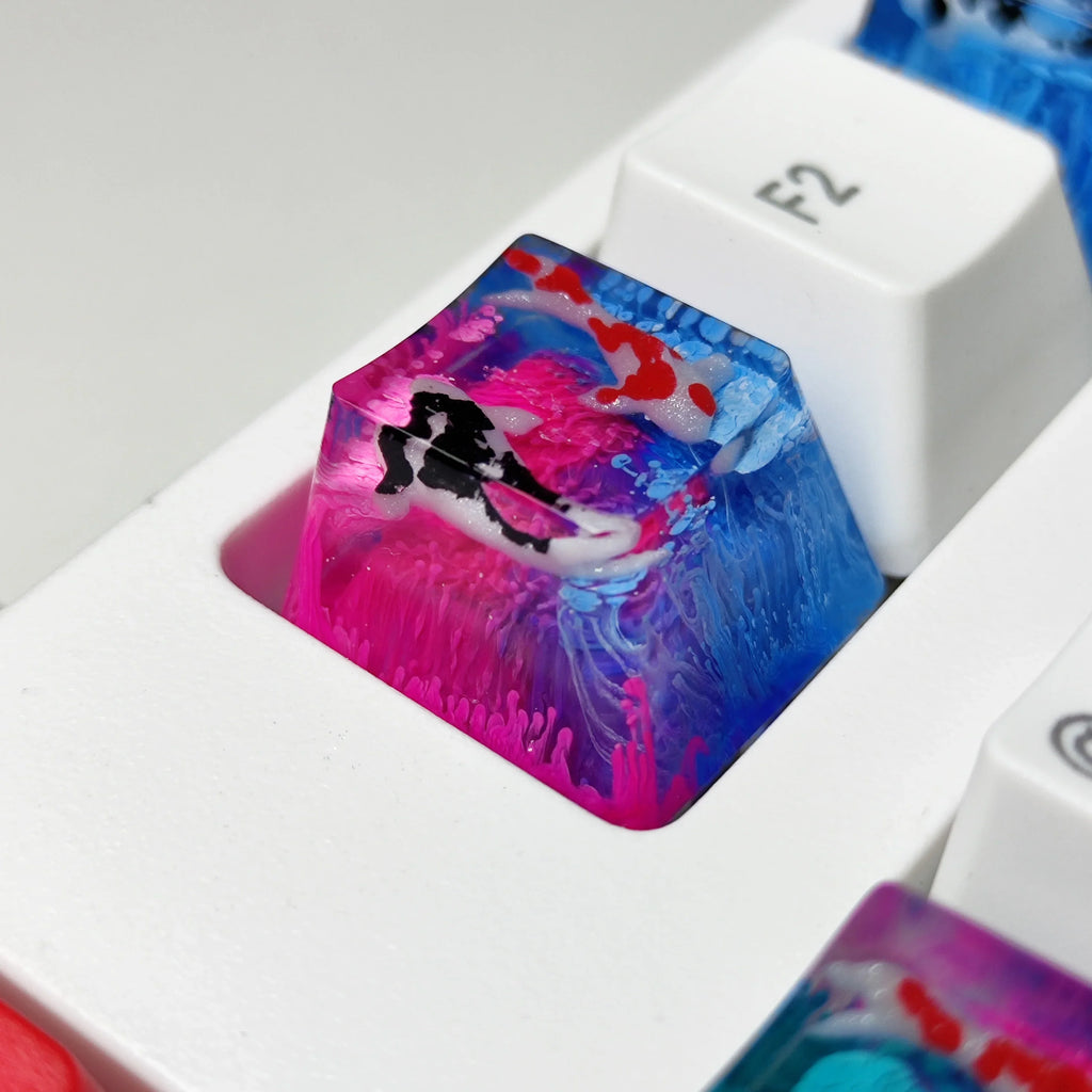 Teclas hechas a mano con paisaje personalizado Koi 1U, teclas de resina para Cherry Mx Switch Gamer, Teclado mecánico retroiluminado, reemplazo de teclas RGB