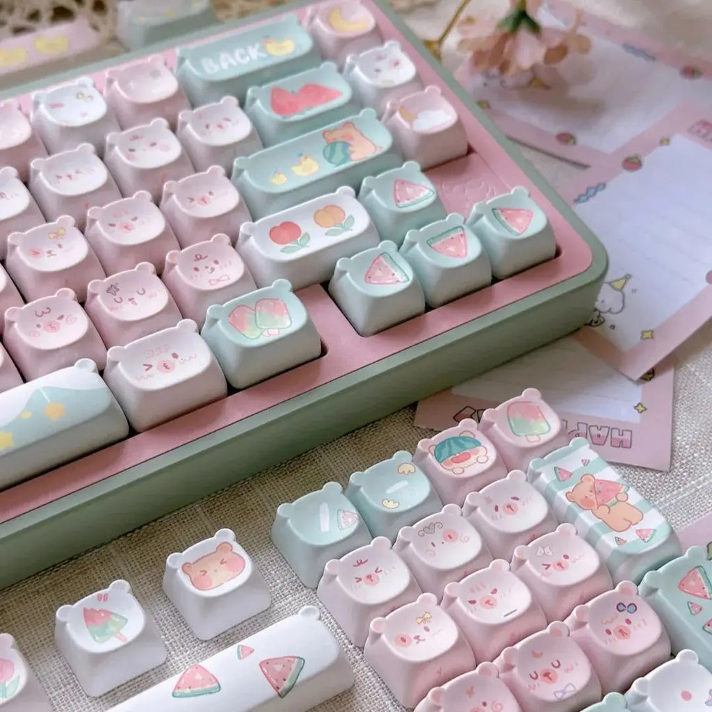Lindo oso Kawaii Keycap EAO rosa púrpura expresión Pbt para teclado mecánico Diy grabado lateral Iso/Ansi diseño lindo gato Keycap