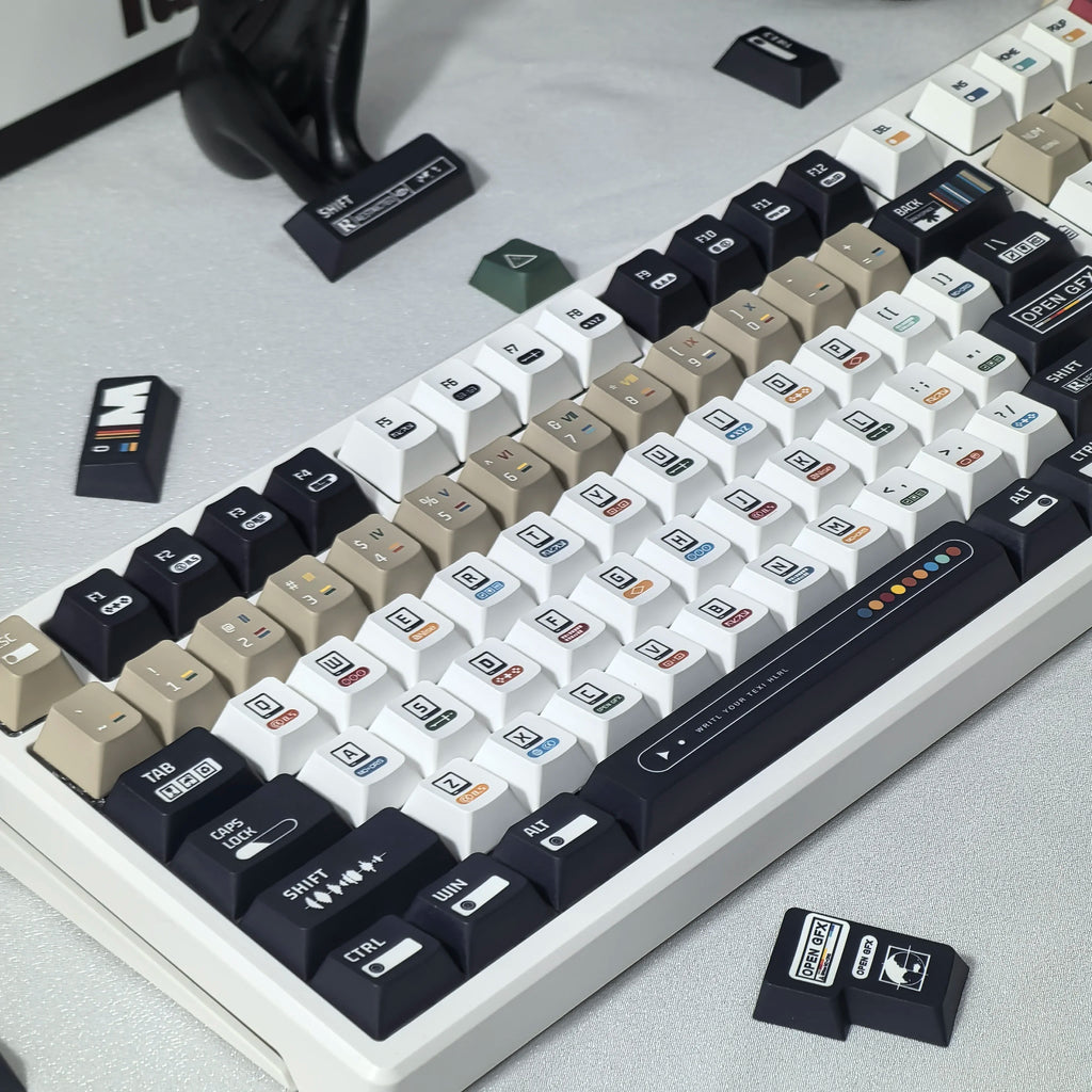 韓國鍵帽 極繁主義主題鍵帽 135 鍵櫻桃 Pbt 俄語英語復古鍵帽黑白設計“L”形輸入鍵