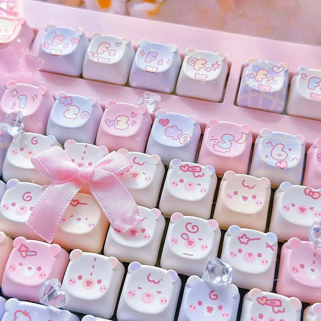 Lindo oso Kawaii Keycap EAO rosa púrpura expresión Pbt para teclado mecánico Diy grabado lateral Iso/Ansi diseño lindo gato Keycap